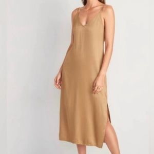 Old Navy Women's Satin Smocked Midi Slip Dress Acacia Gold